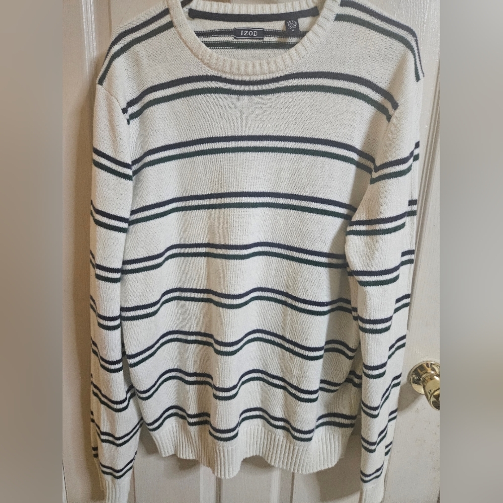 Izod Cream Sweater with Black and Green Stripes